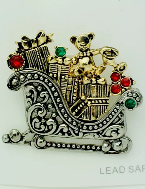 High Quality New 2 Tone Crystal Sleigh Christmas Pin Brooch