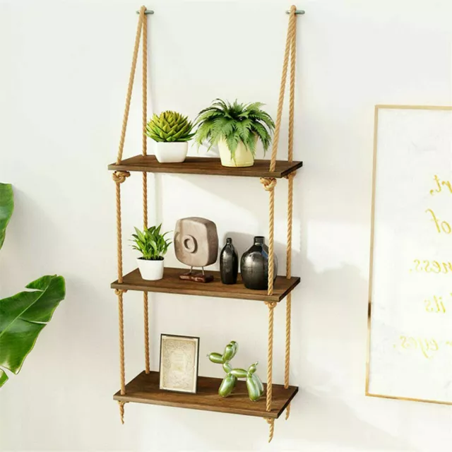 3 Tier Vintage Shabby Chic Solid Wood Rope Hanging Wall Shelf Home Storage Decor