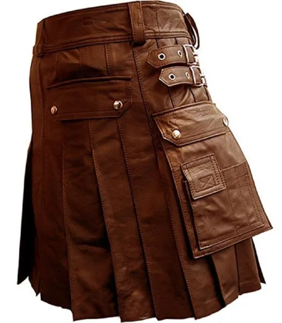 Mens Real Leather Brown Kilt Scottish Gladiator Utility Pleated Flat Front LARP