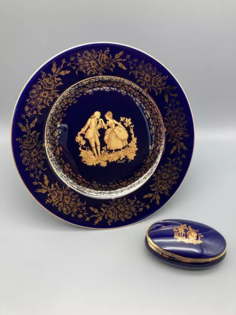 Limoges Castel Porcelain Pill Box TRINKET BOX & PLATE Cobalt Blue 22K Gold
