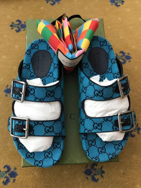 Gucci Sandals Shoes Sliders Slides Monogram G Blue Canvas Mens UK 8 US 9 42 New