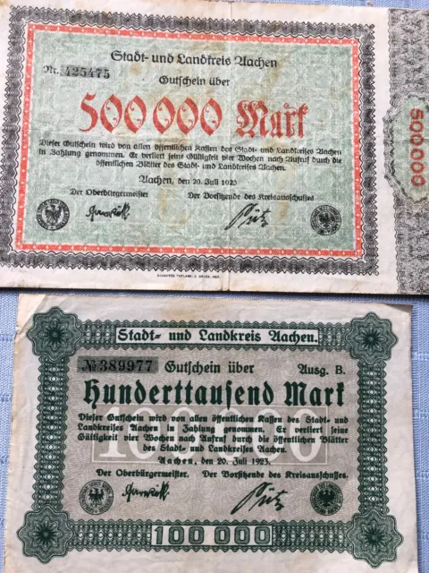 Inflations-/Notgeld 1923 Stadt+Landkreis AACHEN - 500.000 & 100.000 Mark gebr.