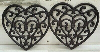 Lot of 2 Heart Shaped Fleur de Lis Ornamental Iron Table Trivet Cast Iron 7-1/2"