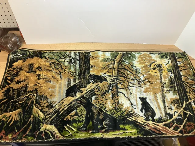 Made In Italy Tapestry 40"x19" Bears in Woods Vintage Wall Hanging Mint Cond.