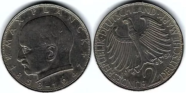 Münze 2 Deutsche Mark (2 DEM) Max Planck 1958 F BRD KM# 116, J# 392, Schön# 115