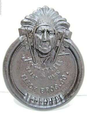 FLECK BROS INDIAN CHIEF Antique Cast Iron Advertising Tray PEACE PIPE TOMAHAWK