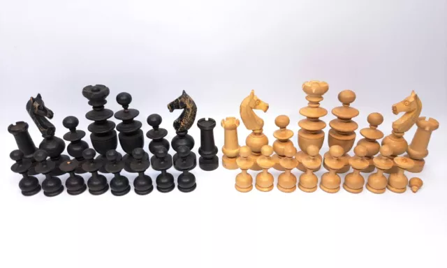 Antique French Regency Hand Carved And Turned Wooden Chess Pieces In Wooden Box