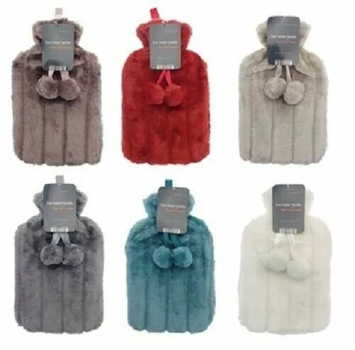 Faux Fur Hot Water Bottle Thermotherapy Cover Winter Gift Pom Pom 2 Litre