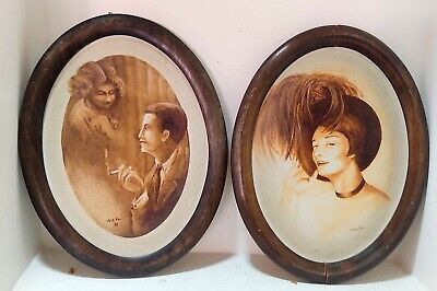 Hand Painting on Canvas Vintage Antique Set 2 Signed Oval Plate Frame Wood 18"