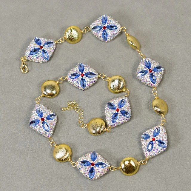 Blue Red Crystal Rhinstone Pave CZ Gold Plated Edge Brushed Beads Necklace