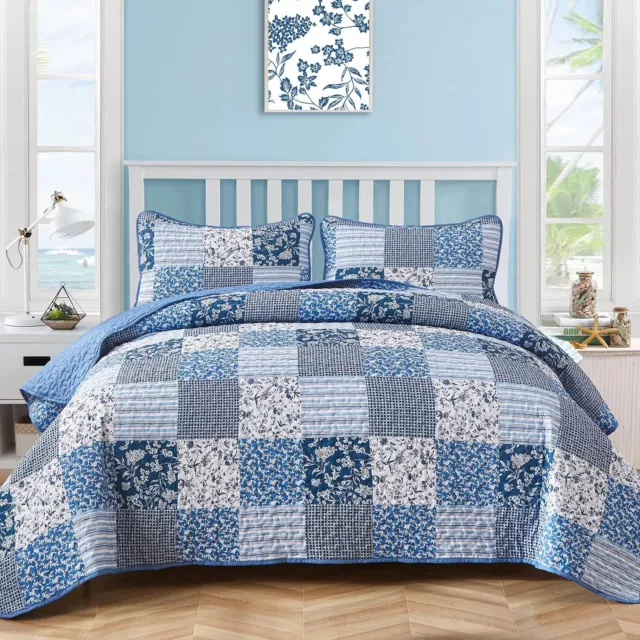 Blue Boho Quilt Set King Size,3 Pieces Plaid Floral Bedspread King,