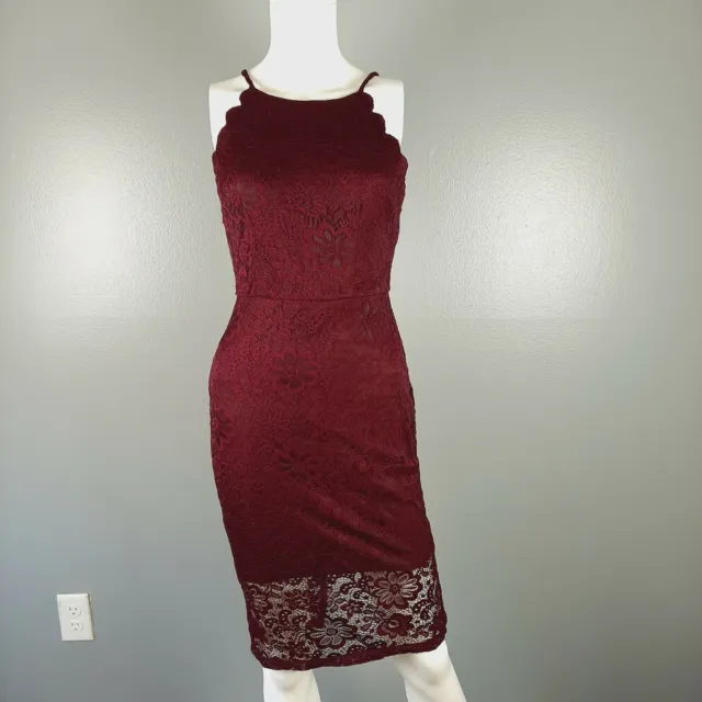 IZ Byer Womens Sheath Dress Size XS Burgundy Lace Scalloped Edge Halter