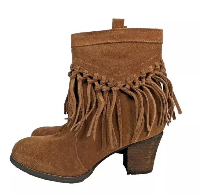 Sbicca Boots Womens 10 Sound Fringe Ankle Booties Brown Leather Heeled Western