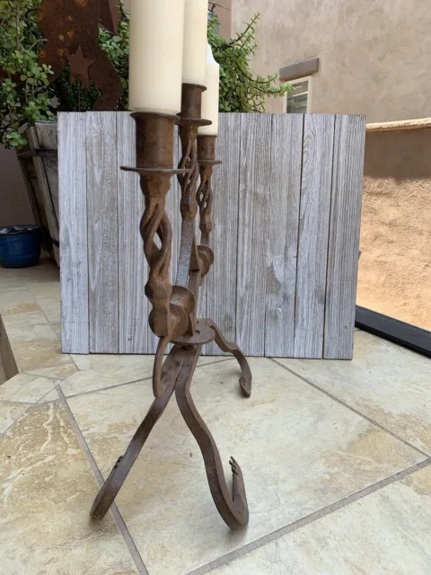 Primitive Hand Forged Twisted Wrought Iron 3 Candle Holder 15-3/4” Tall x 15-1/2 3