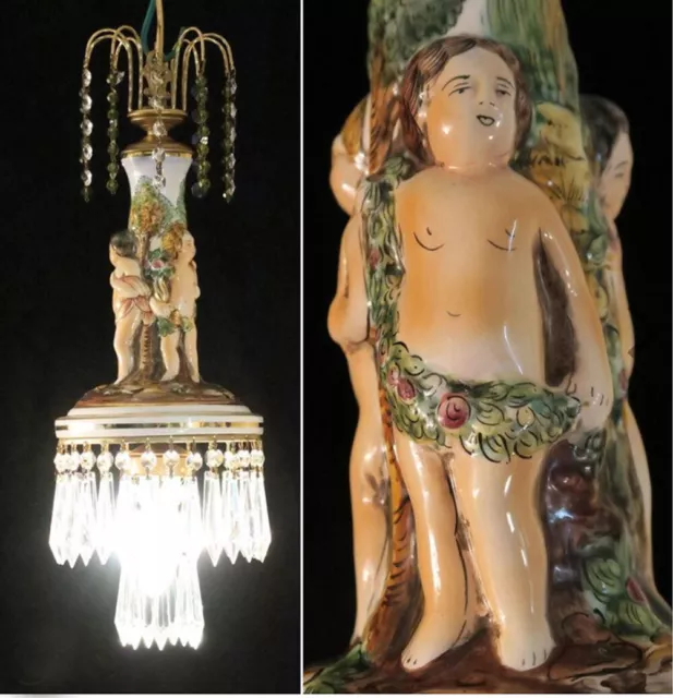 Vintage lamp Cherub Brass SWAG chandelier Capodimonte Porcelain crystal prisms