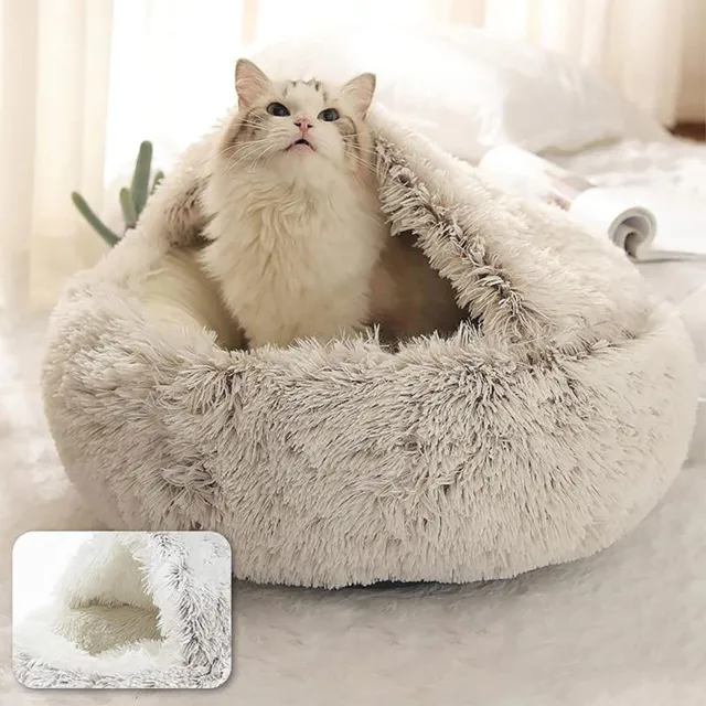 New Cat Bed Cave Round Plush Fluffy Hooded Cat Bed Donut Self Warming Pet Bed
