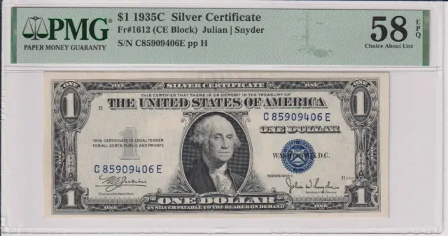 Fr 1612 1935C $1 SC C85909406E PMG 58EPQ CH CU 1935-C Silver Certificate