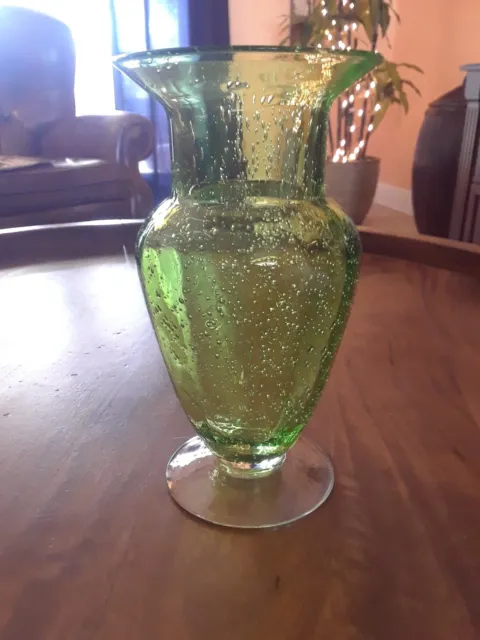 8” High Beautiful Light Green Pedestal Vase, Blown Glass Bubble Glass.