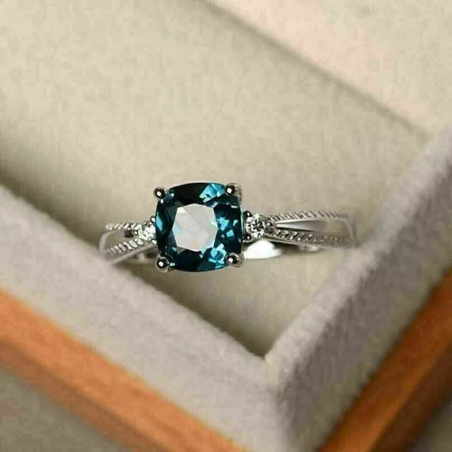 3Ct Cushion Lab-Created London Blue Topaz Engagement Ring 14k White Gold Plated