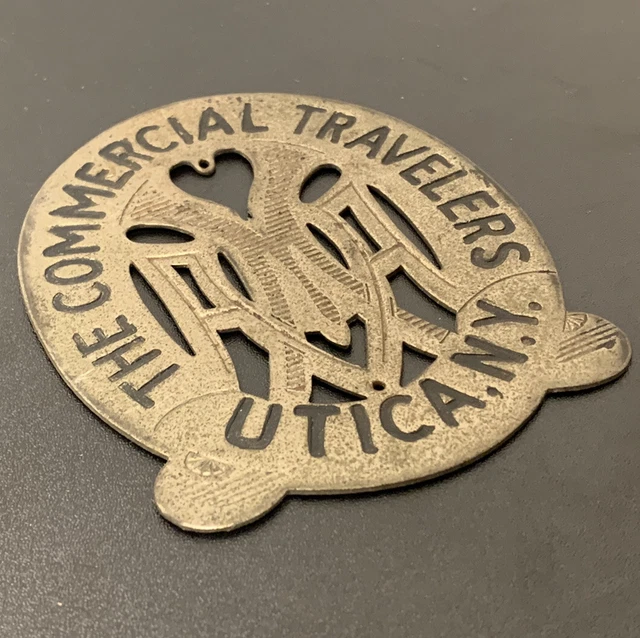 Antique Metal Emblem The Commercial Travelers Utica NY Large Badge Logo Sign