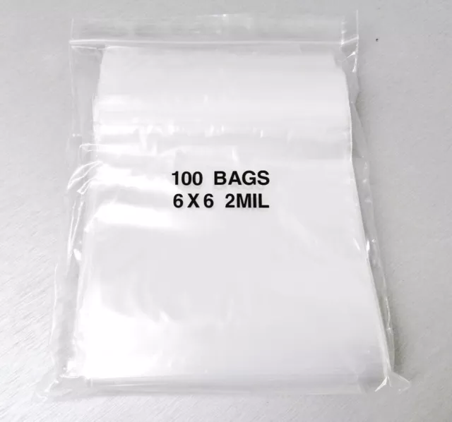 6x6 Reclosable Bags 100 Clear 2mil Poly Zip Top Slide Locking Baggies 6" x 6"