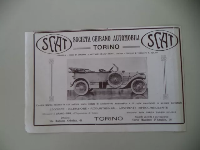 advertising Pubblicità 1912 SCAT SOCIETA' CEIRANO AUTOMOBILI TORINO