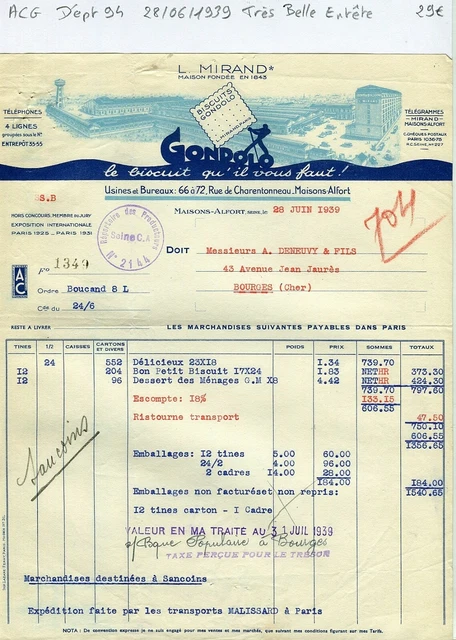 Dept 94 Maisons Alfort 72 Rue Charentonneau - very beautiful header biscuitery 1939