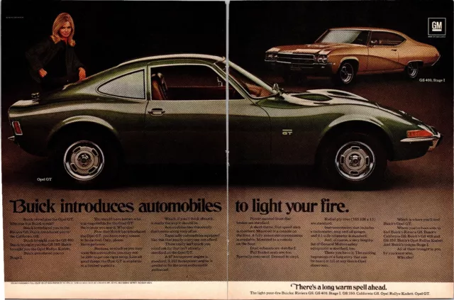 1969 Vintage Print Ad GM Buick Opel GT GS 400 Stage I Car Light Your Fire