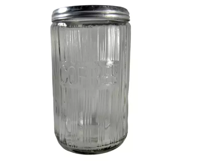 VINTAGE 1930’s HOOSIER CABINET RIBBED GLASS COFFEE JAR W/Aluminum Lid
