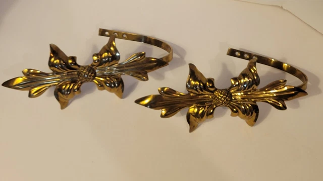 Vintage Pair Heavy Brass Wall Curtain Drape Tieback Holder Bow Art Nouveau Metal 9
