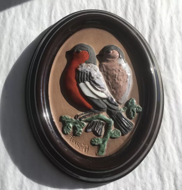 Vintage Gabriel Sweden Two Birds Pottery Oval Wall Plaque 3D Framed Red Bird