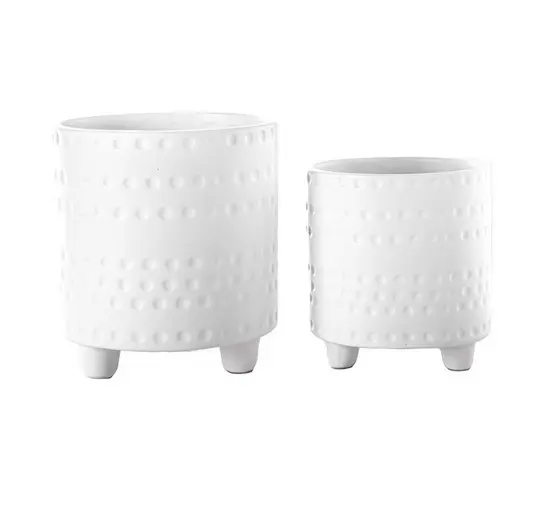 Urban Trends Pots Ceramic Set Of 2 Round Pots White Finish With Feet #15229