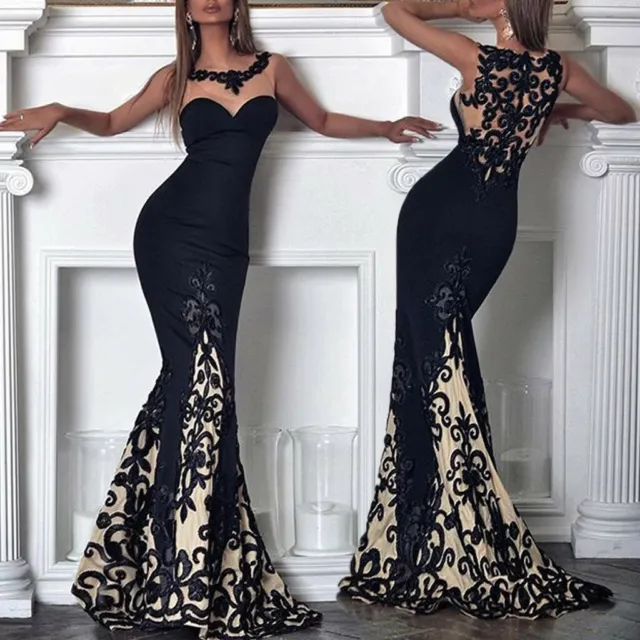 Women Sexy Lace Sleeveless Bodycon Slim Dress Print Hollow Out Party Maxi Dress