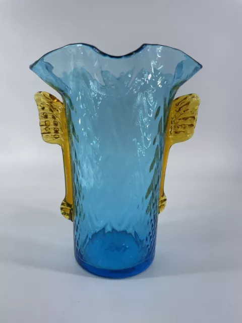 Vintage Hand Blown Blue Art Glass Vase Wing Yellow Applied Handles