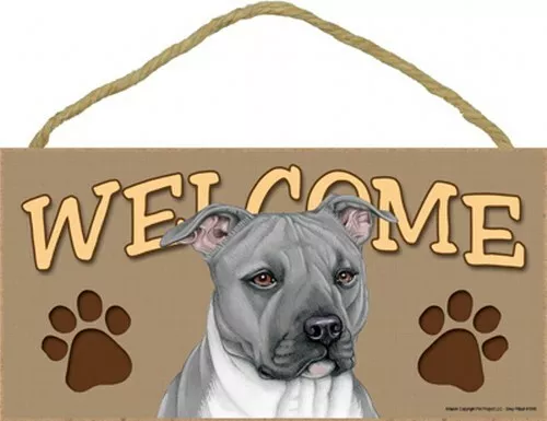 Welcome Pitbull GREY WHT Cute Hanging Dog Sign 10"x5" Great Gift Wood Plaque 727