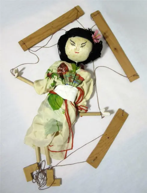 Japanese Handmade Marionette Asian Lady Doll Scarf Kimono Wood 19" Folk Vintage