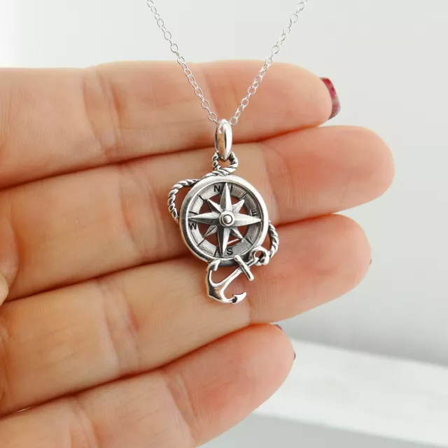 Compass with Rope Anchor Pendant Necklace - 925 Sterling Silver - Nautical Ocean