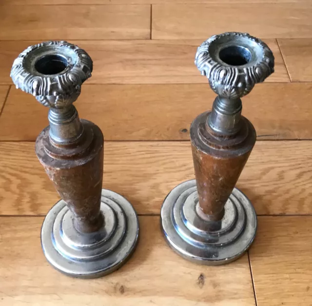 Genuine 20's 30's ART DECO Turned Wooden  & Chrome CANDLESTICKS For Restoration