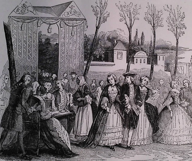 out-of-text engraving - year 1882 Paris promenade sur les boulevards in the 18th century