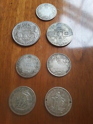 7 Coin Lot Foriegn Silver Coins Canada Quarters Schilling Florin  *One is Holed*