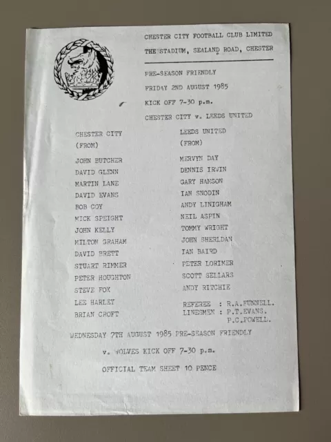 1985-86 Chester City vs Leeds United - Friendly Match - Photocopied Teamsheet