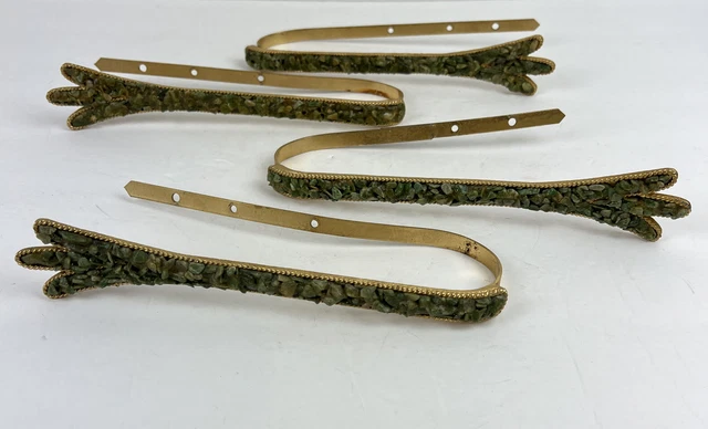 VIntage CURTAIN TIEBACKS 4 GREEN STONES GOLD METAL ART Drapery Accents As Is