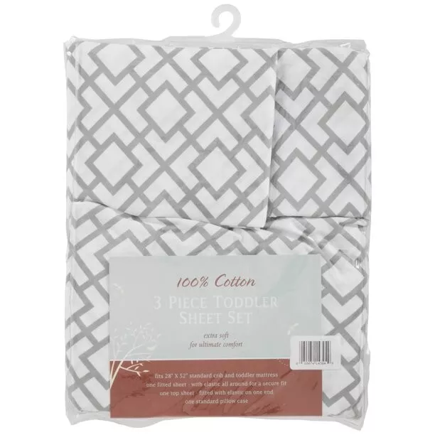 TL Care Cotton Percale 3-Piece Toddler Bedding Sheet Set, Grey Lattice 3
