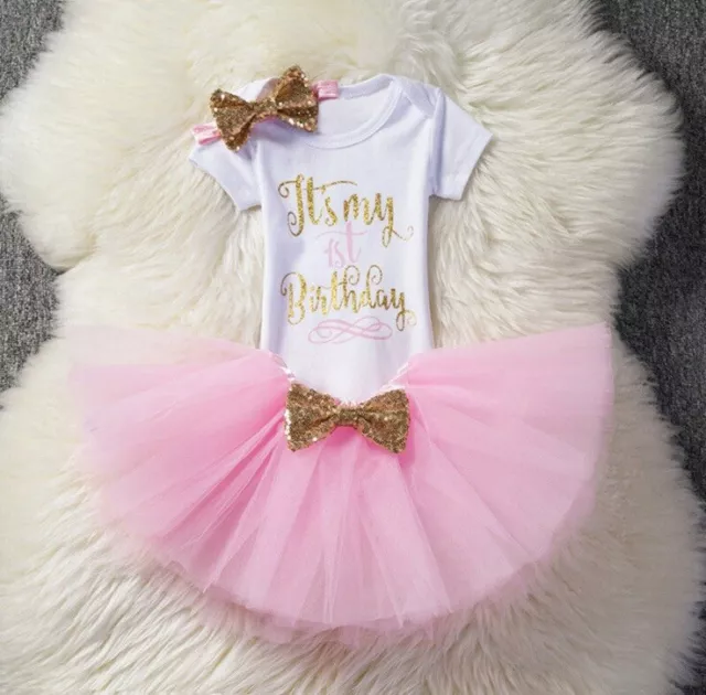 Baby Girl First 1st Birthday Outfit Party Dress Cake Smash Tutu Photo Shoot Bow