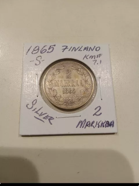 1865 S  Finland 2 Markkaa, Silver.