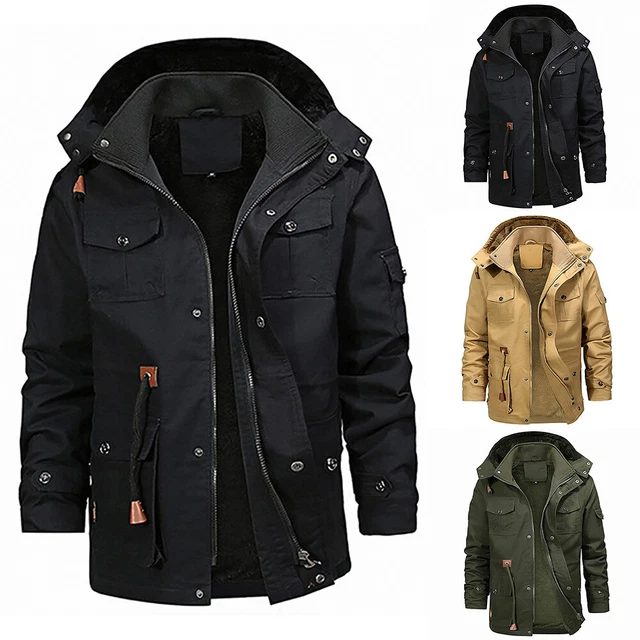 Mens Zip Up Fleece Lined Parka Coat Hooded Winter Thermal Warm Jacket Outwear UK