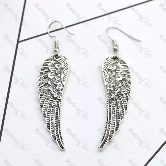 ANGEL WING double sided metal drops EARRINGS art deco style VINTAGE SILVER TONE 2