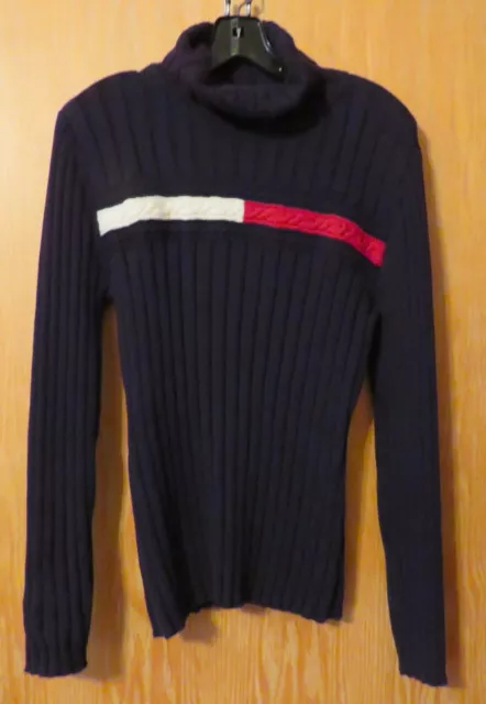 Tommy Hilfiger Womens Blue Turtleneck Sweater Large Long Sleeve Red White Design