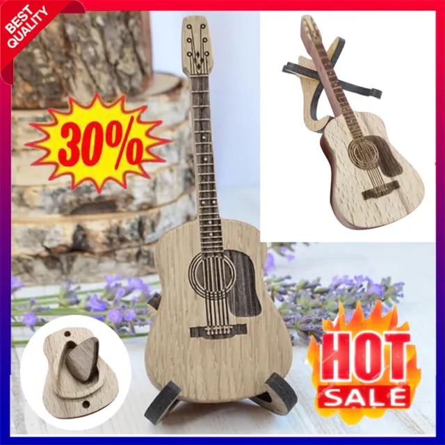Wooden Acoustic Guitar Pick Box with Stand,Guitar Shaped Pick Case,Picks Holder