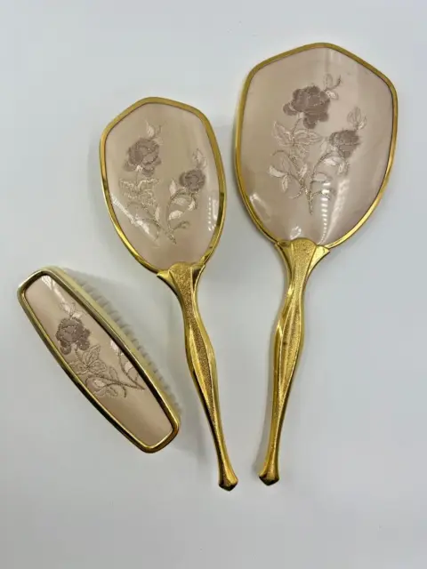 Gold Floral Embroidered Vanity Dressing Table Set Hairbrush Mirror Clothes Brush